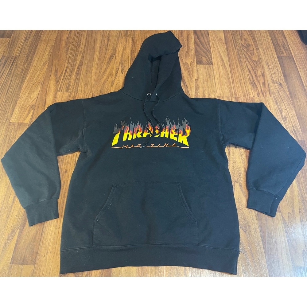 Thrasher Magazine Flame Logo Hoodie Black Skate‎ Sweatshirt Mens Small S